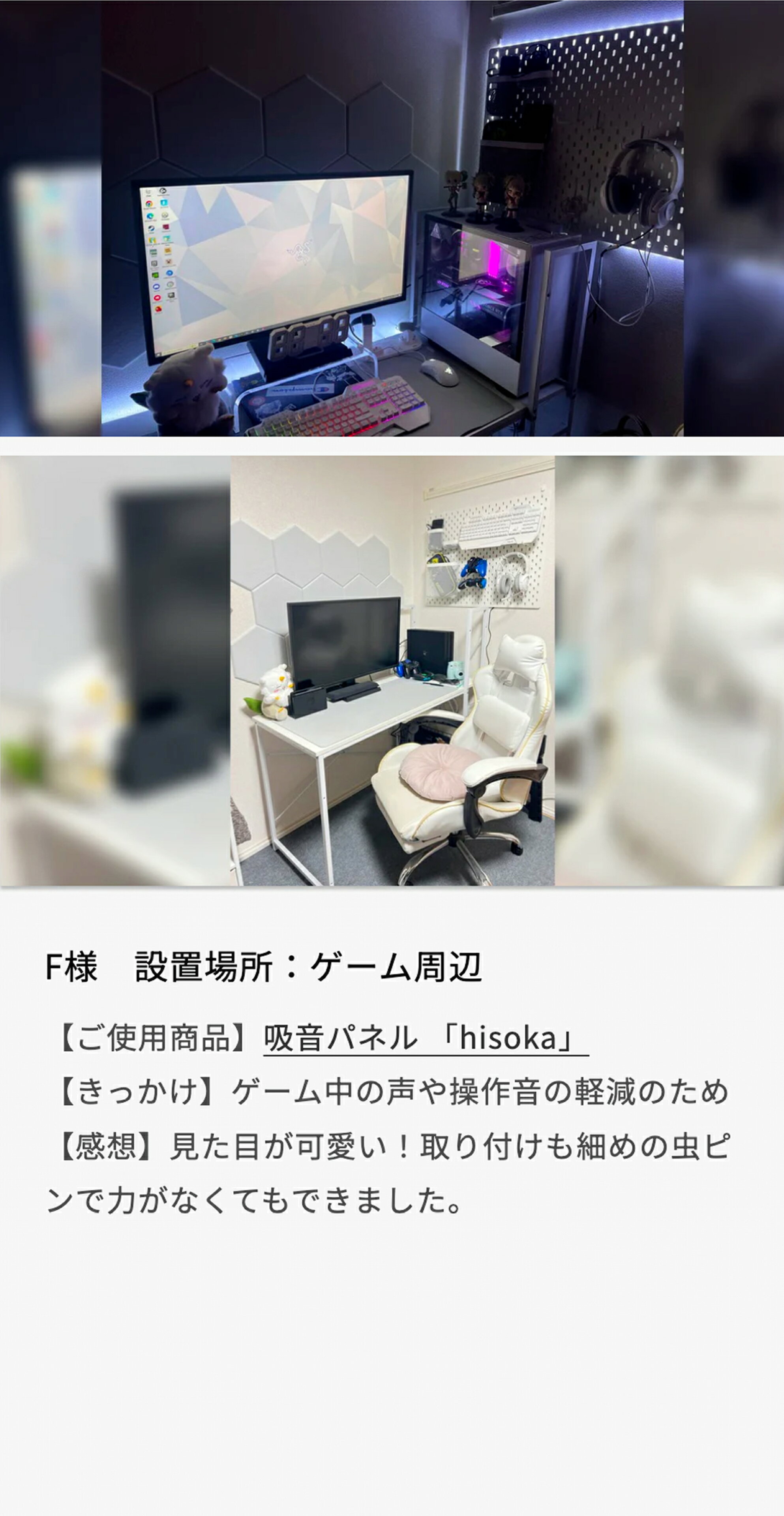 【きっかけ】ゲーム中の声や操作音の軽減のため  【感想】見た目が可愛い！取り付けも細めの虫ピンで力がなくてもできました。