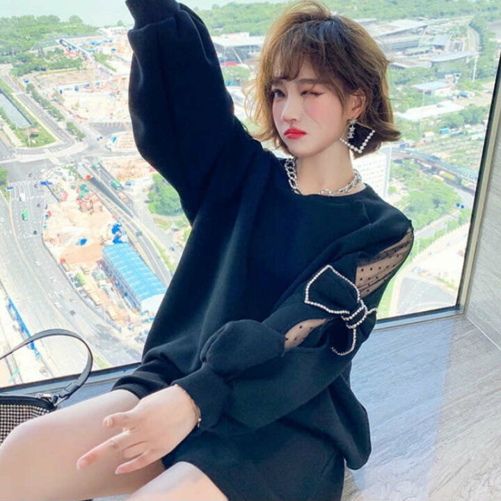 楽天市場 レディース セットアップ 長袖 トレーナー 透け感 りぼん 無地 秋冬 カジュアル キュート 大人可愛い ラフスタイル フェミニン 学生 休日 コーデ デート 甘口コーデ リラックスウェア 室内着 デイリー ブラック ベージュ S M L Xl 2xl 3xl 送料無料 White Panther