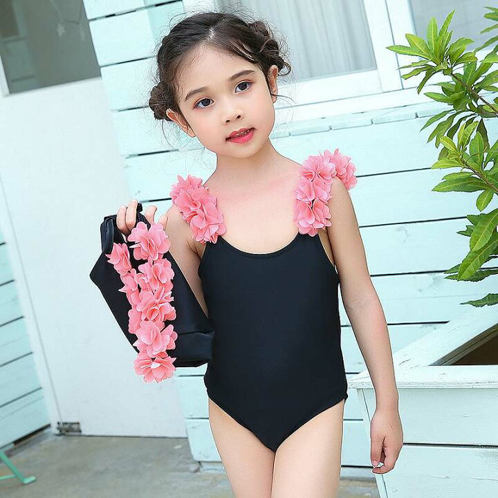 楽天市場 キッズ 女の子 水着 2点セット 帽子付き 花 ワンピース 海 プール スイミング スイムウェア 水遊び ビーチ リゾート マリン 海水浴 夏休み 旅行 可愛い キュート 子供用 女児 女子 ジュニア ブラック 黒 大きいサイズ White Panther