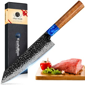 KyushuBlade 包丁 剣型（切付型）牛刀包丁 ダマスカス包丁 刃渡り210mm. プロ用三徳包丁, キッチン用万能包丁. 手打ち鍛造シェフナイフ, 槌目 ダマスカス模様 両刃包丁 左利き用, 錆びにくい67層の高炭素ステンレス鋼 料理包丁. 人間工学に基づいた八角形のローズウッド