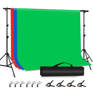 PULUZ バックペーパー 200×290cm背景布 背景スタンド2m×3m グリーンバック 背景フレームセット 撮影背景スタンド 写真撮影背景布 三脚付き グリーンスクリーン 3色ポリエステル背景(赤&青&緑)