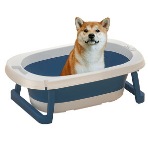【送料無料】TIKALON 中小型ペット お風呂 折りたたみ バスタブ コンパクト 犬猫兼用 滑り止めシリコン足パッド付き 9cm超薄型 省スペース マンション収納に最適 色:青色