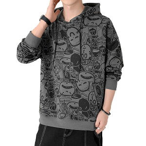 【送料無料】HEGROPH パーカー メンズ 長袖 おしゃれ お洒落 フード付きトレーナー 秋服 スウェットシャツ 冬服 メンズ プル オーバー 人気 漫画 落書き 色:ダークグレー、サイズ:M Regular4