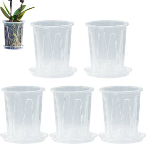 【送料無料】RekiLife 植木鉢 プラスチック 透明 底皿付き 観葉植物 オーキッドポット スリット鉢 5個入り 色:クリア、サイズ:14cm