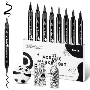 【送料無料】Arrtx アクリルマーカーペン デュアルチップ(細字・筆字) 色:黒(8個)