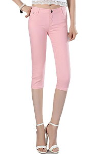 【送料無料】レディース 14色 7分丈 スキニー ストレッチ スリム 綿100% カプリパンツ 夏 ラインパンツ 美脚 デニム パンツ 色:ピンク、サイズ:L