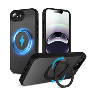 �y���������zMagSafe�Ή��P�[�X 360°���R��]�X�^���h �ϏՌ��� �����O�t�� ���G��ǂ� �S�ʕی� �h�o �F�F�u���b�N�A�T�C�Y�FiPhone 16e �p