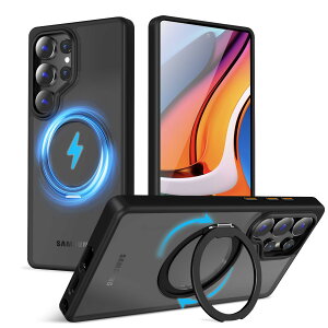 �y���������zMagSafe�Ή��P�[�X 360°���R��]�X�^���h �ϏՌ��� �����O�t�� ���G��ǂ� �S�ʕی� �h�o �F�F�u���b�N�A�T�C�Y�FGalaxy S25 Ultra �p
