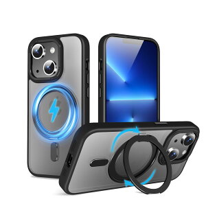 �y���������zMagSafe�Ή��P�[�X 360°���R��]�X�^���h �ϏՌ��� �����O�t�� ���G��ǂ� �S�ʕی� �h�o �F�F�u���b�N�A�T�C�Y�FiPhone 13/14 �p