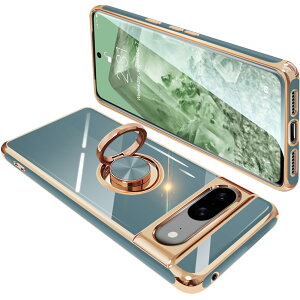 【送料無料】Google Pixel8 ケース リング付き グーグル ピクセル 8 リング カバー 耐衝撃 TPU メッキ加工 360°回転 スタンド機能 車載ホルダー ストラップホール付き(グレーブルー)