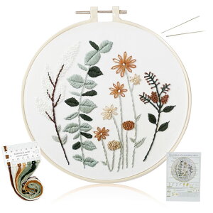 【送料無料】ALLMIRA 刺繍キット 初心者 セット ししゅうキット 刺しゅう クロスステッチ 手作り DIY刺繍工具 刺繍 枠 20CM1本 刺繍糸 刺繍用布1枚 刺繍針2本 英語説明書付き (花 グリーン 1個入)