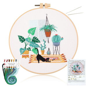 【送料無料】ALLMIRA 刺繍キット 初心者 セット ししゅうキット 刺しゅう クロスステッチ 手作り DIY刺繍工具 刺繍 枠 20CM1本 刺繍糸 刺繍用布1枚 刺繍針2本 英語説明書付き (ねこ みどり 1個入)