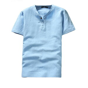 【送料無料】Blostirno メンズ リネン リネンシャツ 綿麻 半袖 無地 Tシャツ ヘンリーネック 夏(JT11-BL2L)