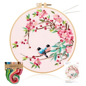 【送料無料】ALLMIRA 刺繍キット 初心者 セット ししゅうキット 刺しゅう クロスステッチ 手作り DIY刺繍工具 刺繍 枠 20CM1本 刺繍糸 刺繍用布1枚 刺繍針2本 英語説明書付き (鳥と花 1個入)