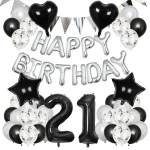 【送料無料】Lausatek 誕生日 バルーン 飾り付け 21歳 風船 セット バースデー happy birthday ガーランド 数字風船紙ふぶき入り 男の子 男性 パーティー サプライズ 空気入れ付き ブラック シルバ