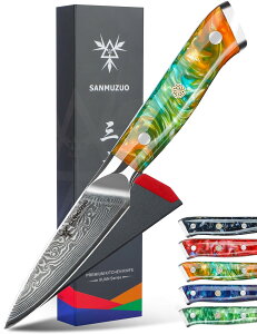 �y���������zSANMUZUO 3.5 Inch Paring Knife - Kitchen Fruit Vegetable Knife Damascus Steel & Resin Handle - XUAN Series (Fantasy Orange)