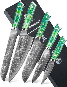 �y���������zSANMUZUO Chef Cooking Knives Set- Kitchen Knife Set of 5 Piece - Ultra-Sharp VG10 Damascus Steel & Resin Handle - Xuan Series (Jade Green)