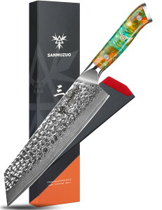�y���������zSANMUZUO 8.5" Kiritsuke Knife - Professional Kitchen Chef Knife - Hammered Damascus Steel & Resin Handle - YAO Series