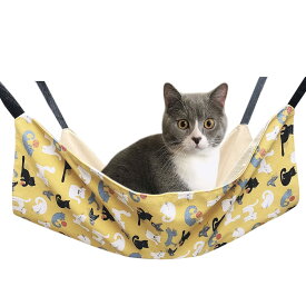 【送料無料】猫ハンモック 吊り下げベッド ネコ 猫用ベッド ゲージ用 キャットハンモック 小動物用ペット ねこ寝床 マット 昼寝 冬夏両用 ひも調節可能 耐荷重10KG 大きい 56cm x 46cm 通気性 日向ぼっこ 遊び場 丸洗い 色：ウコン猫、サイズ：56cm x 46cm