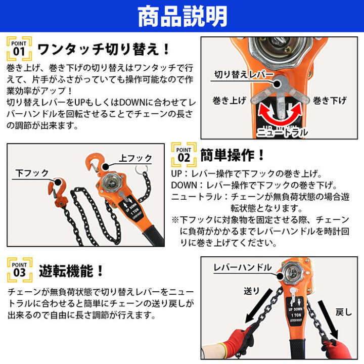 楽天市場】1.5t レバーホイスト 荷締機 レバー式 チェーン ブロック  