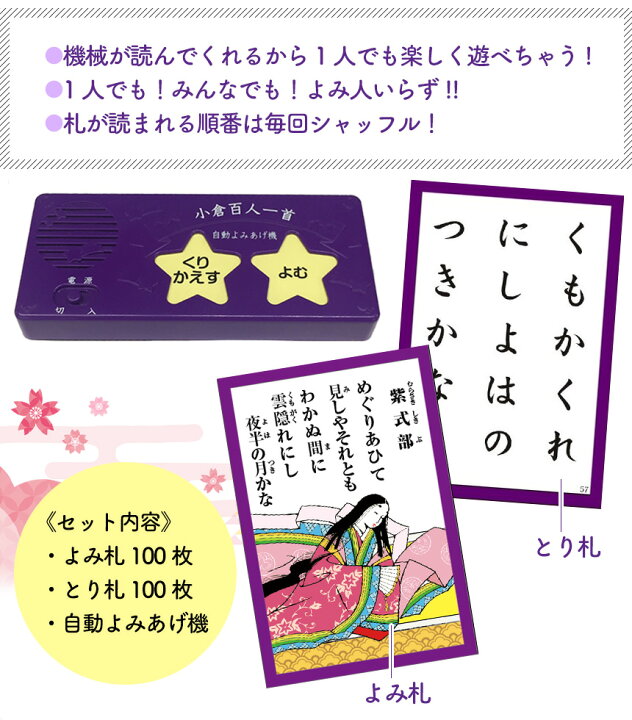 楽天市場 送料無料 百人一首 読み上げ 自動 ひとりでできる読み上げ機付き 小倉百人一首 読み上げ機付き 自動読み上げ よみびといらず 練習 かるた おもちゃ シャッフル機能付き 子供だけ 一人 よみ人いらず 小倉百人一首 百人一首かるた 読みあげシャッフル機能