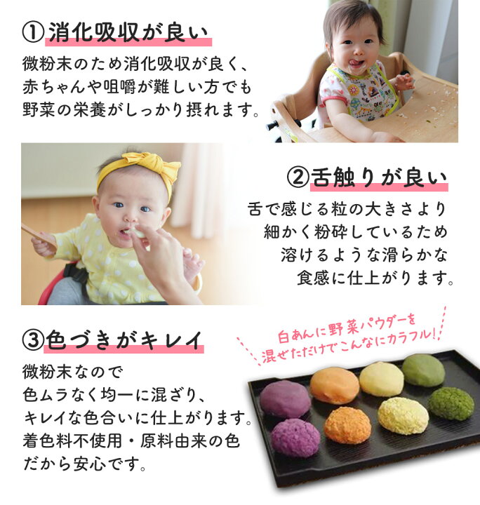 楽天市場 送料無料 離乳食 野菜パウダー 選べる4種 ベビーフード 赤ちゃん 初期 中期 後期 モグモグ期 粉末 野菜 国産100 加熱不要 時短 国産野菜 果物 無着色 アレルゲンフリー 砂糖不使用 微粉末 お菓子 料理 子供 栄養補助 介護食 療養食 子供 野菜嫌い 幼児