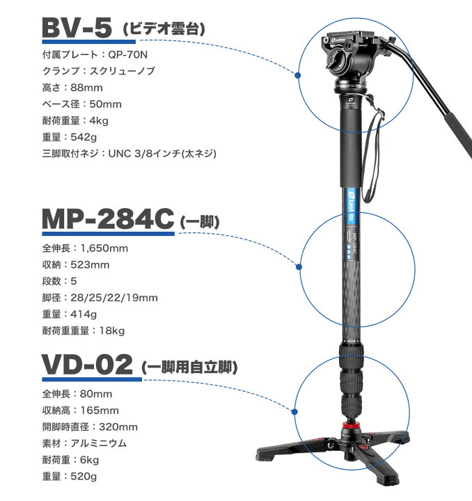 楽天市場】Leofoto(レオフォト) MP-284C+BV-5+VD-02 カーボン一脚＋ 