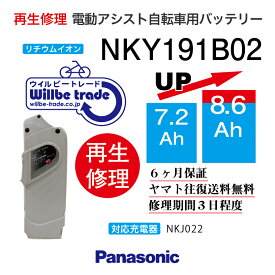 【PANASONIC/パナソニック　電動自転車バッテリー　NKY191B02(7.2→10.4Ah)電池交換、往復送料無料、6か月保証、無料ケース洗浄】