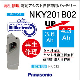 【PANASONIC/パナソニック　電動自転車バッテリー　NKY201B02(3.6→5.2Ah)電池交換、往復送料無料、6か月保証、無料ケース洗浄】