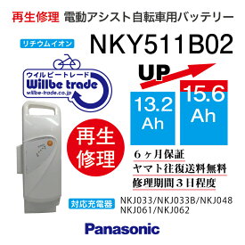 【即納・PANASONIC/パナソニック　電動自転車バッテリー　NKY511B02　(13.2→15.6Ah)　電池交換、往復送料無料、6か月保証、無料ケース洗浄】