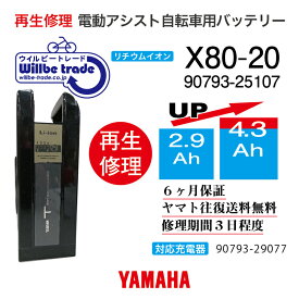 【即納・YAMAHAヤマハ 電動自転車バッテリー 90793-25107 (X80-20) (2.9→5.2Ah)電池交換・往復送料無料・6ヶ月間保証付・ケース洗浄無料サービス】