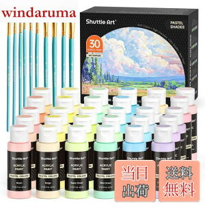 【送料無料】Shuttle Art アクリル絵の具 パステルカラー 30色 絵の具セット 60ml ペイントブラシ10本付き かわいい 柔らかい色調 キャンバス/石/木/ガラス/セラミックに描ける 絵具 画材セット
