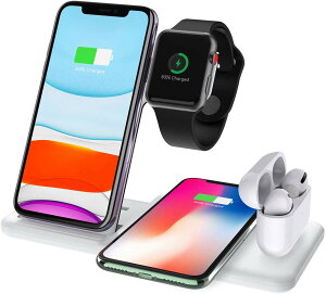 【送料無料】ワイヤレス充電器 4in1 iPhone充電器 Apple Watch Airpods/Pro充電 iPhone 16/15/14/13/12/11/X/XS/XR/8/8Plus, Samsung Galaxy S24/S23/S22/S21/S20/S10/Note10/Note9などQi端末対応 5W/7.5W/10W/15W出力 充電スタンド 急速