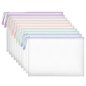 【送料無料】ジッパー式ファイル袋 クリアファイル a4 10個入り 5色 領収書 資料 書類ケース ジッパー式メッシュケース 個別フォルダー メッシュバッグ ファスナ付き収納バッグ 書類レ 色: