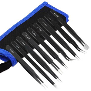 【送料無料】精密 ピンセット 9本セット プラモデル 模型 工具 極細ピンセット ステンレス製 使い分け可能 先曲がりピンセット DIY 精密機器 静電防止 模型製作 電子工作 収納袋付き 色:9本