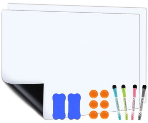 【送料無料】Qualsen ホワイトボード シート A3サイズ(2枚)マグネットシート 磁気 ホワイトボード 伝言 メッセージ メモ ホワイトボード 冷蔵庫 オフィス 学校 (マーカー4本、マグネット6個
