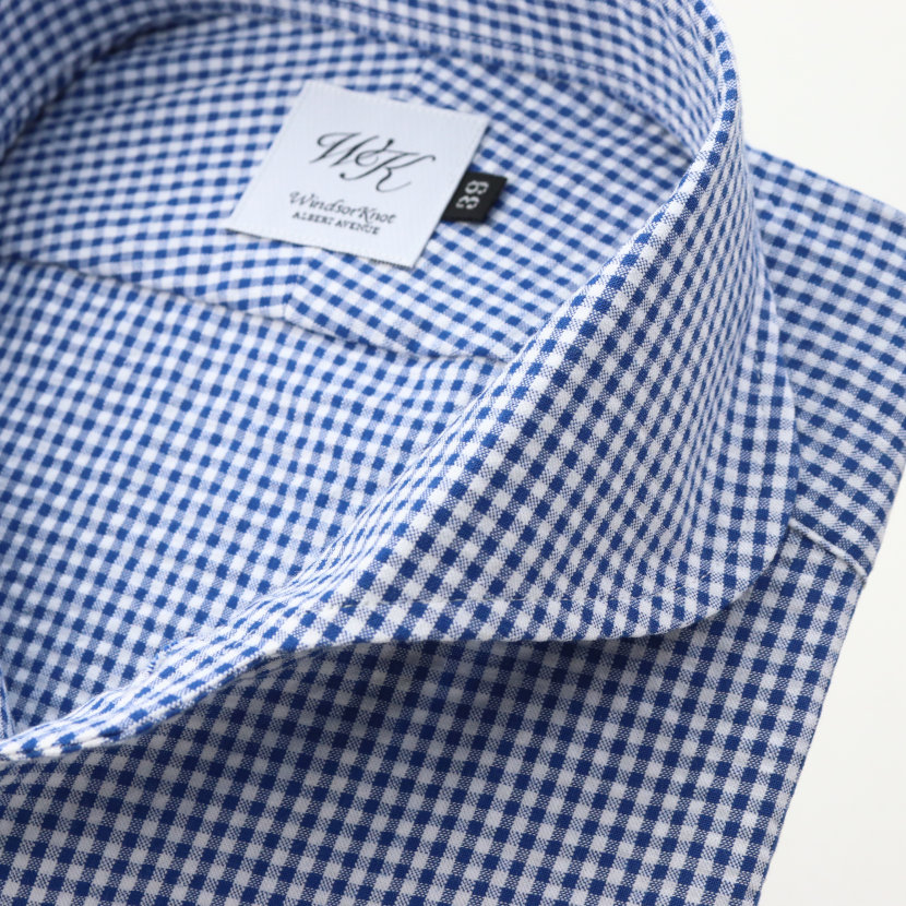 ５５％以上節約(ウィンザーノット) WindsorKnot 半袖 スリム ブルー シアサッカー シャツ ドレスシャツ ラウンド イタリアンカラー  日本製 ワンピースカラー ギンガムチェック 綿100% トップス