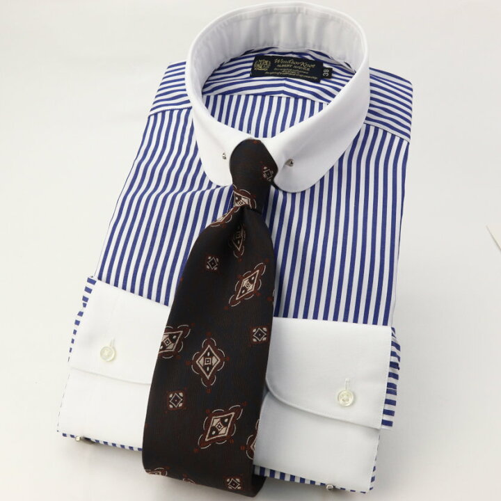 ワイシャツ ビジネスシャツ ストライプ ネイビー 白 42-86 レナウン  