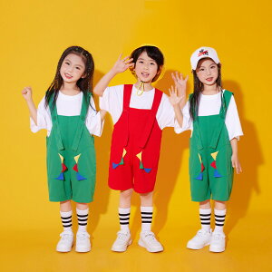 恐竜 夏 キッズ ダンス衣装 オーバーオール サロペット パンツ k-pop 赤 グリーン トップス 女の子 男の子 半袖 子供服 パフォーマンス セットアップ ヒップホップ カジュアル 発表会 jazz ジャ