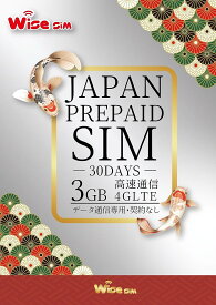 【WISE-SIM for Japan】日本プリペイドSIM データ容量3GB 最大利用期間30日 日本データ通信SIMカード ロ ーミングSIM接続 4G・LTE / 有効期限2024年12月30日まで※galaxy端末では利用不可