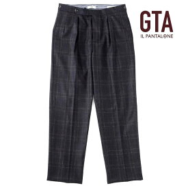 【50%OFF】GTA / ジーティーアー｜ウールフランネルチェック柄サイドアジャスター付1プリーツパンツ(SERGIO)｜（ダークネイビー×グレー）｜ 秋冬 チェックパンツ ボトムス スラックス メンズ イタリア アウトレット