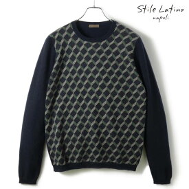 【50%OFF】Stile Latino / スティレラティーノジオメトリック柄カシミヤシルクハイゲージクルーネックニット(MU6 GC/MGM2211B)（ネイビー×グレージュ×グリーン）/ 秋冬 カシミア シルク ハイゲージニット セーター アットリーニ メンズ イタリア アウトレット