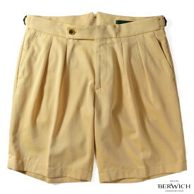 【50%OFF】BERWICH / ベルウィッチコットンツイルサイドアジャスター付き2プリーツショーツ(SCOTCH SHORT)（イエロー×ホワイト）/ 春夏 スコッチ ショートパンツ ハーフパンツ メンズ イタリア アウトレット