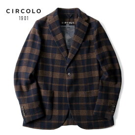 CIRCOLO1901 / チルコロ1901｜ウールカシミヤストレッチツイードチェック柄2Bジャケット｜（ネイビー×ブラウン）｜ 秋冬 チェックジャケット イージージャケット アンコンジャケット カシミア メンズ イタリア アウトレット