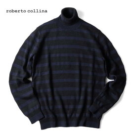 roberto collina / ロベルトコリーナ｜ウールベビーアルパカボーダー柄ミドルゲージタートルネックニット(RP09003)｜（ネイビー×ブラック）｜ 秋冬 セーター ストライプ ハイネック メンズ イタリア アウトレット