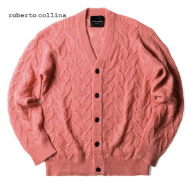 roberto collina / ロベルトコリーナ｜モヘアナイロンウールケーブル編みVネックニットカーディガン(RP25010)｜（メランジコーラルピンク）｜ 秋冬 セーター モヘアニット ケーブルニット メンズ イタリア アウトレット