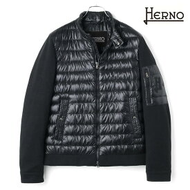 HERNO / ヘルノ｜ナイロン×スウェットハイブリッドボンバージャケット(PI000997U)｜（ブラック）｜ 春夏 ライダースジャケット ライトダウンジャケット ブルゾン スプリングアウター メンズ イタリア アウトレット