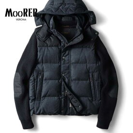 【40%OFF】MOORER / ムーレー｜ウールフランネル×ニット×ポリエステルツイル異素材コンビ2WAYフーデッドダウンジャケット(BENSO-FF)｜（BLU）｜ 秋冬 アウター ダウンブルゾン ダウンベスト グースダウン ヴァージンウール カシミヤ メンズ イタリア アウトレット