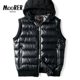 【40%OFF】MOORER / ムーレー｜ラムレザー×ストレッチナイロン異素材コンビフーデッドダウンベスト(VERMEER-PKN)｜（NERO）｜ 秋冬 ダウンジャケット アウター レザージャケット ラムレザー ラムスキン 本革 羊革 メンズ イタリア アウトレット