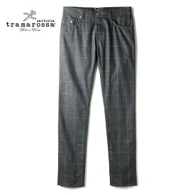 【60%OFF】 tramarossa / トラマロッサ｜ウィンドウペンチェック柄ウールストレッチフランネル5ポケットスリムテーパードパンツ(LEONARDO BUTTONS)｜（メランジグレー×ホワイト）｜ ボトムス 5ポケットパンツ フランネル ウィンドウペーン レオナルドボタン アウトレット